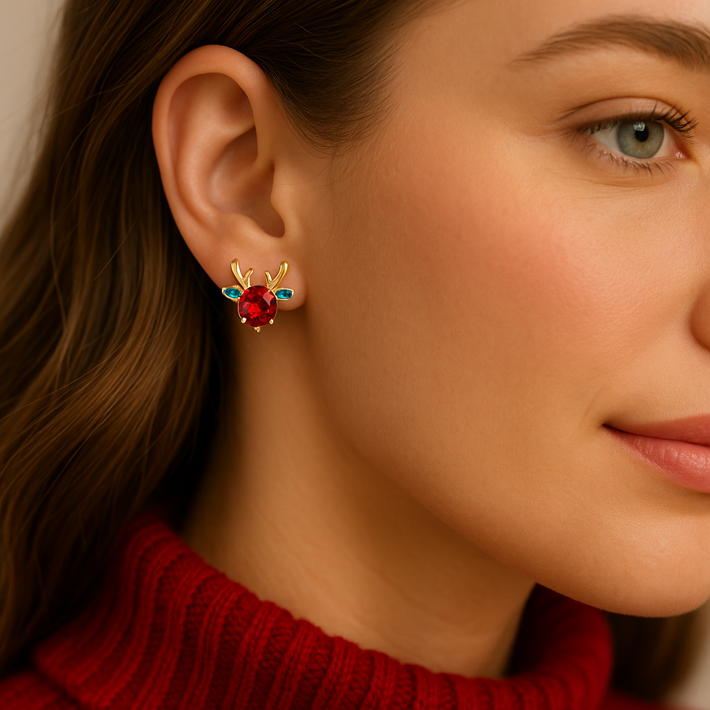 Close-up of a woman wearing a Holiday Red & Green Reindeer Earring with a red sweater.