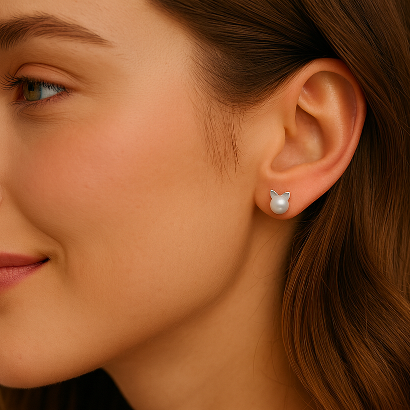 Close-up of a woman wearing a pearl cat earring with a neutral background