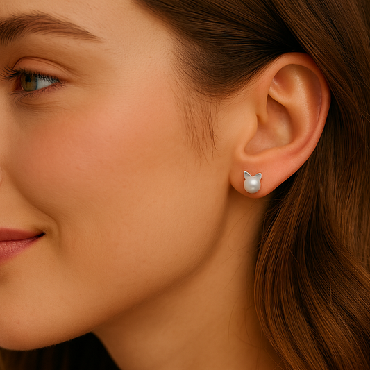 Close-up of a woman wearing a pearl cat earring with a neutral background