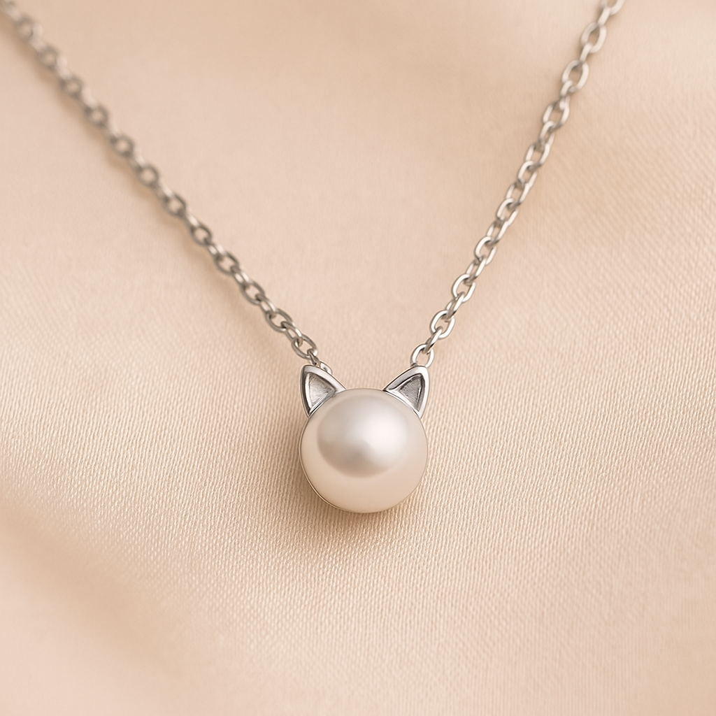 Pearl Cat Necklace with a pearl pendant shaped like a cat's head on a beige background