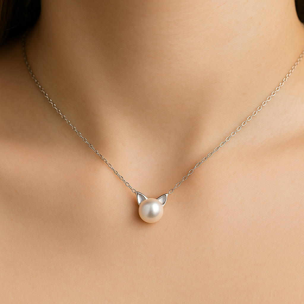Pearl Cat Necklace with cat ears pendant on a person's neck