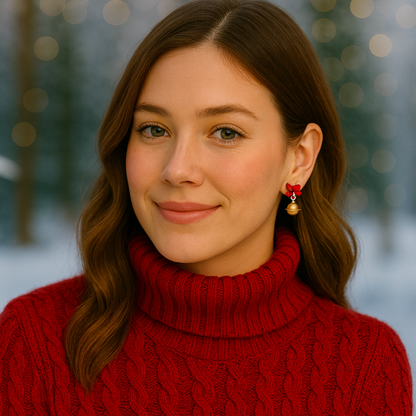 Woman wearing a Jingle Bell Bow Earring and a red sweater with a blurred snowy background