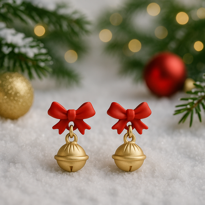 Jingle Bell Bow Earrings with red bows on a snowy background with Christmas decorations.
