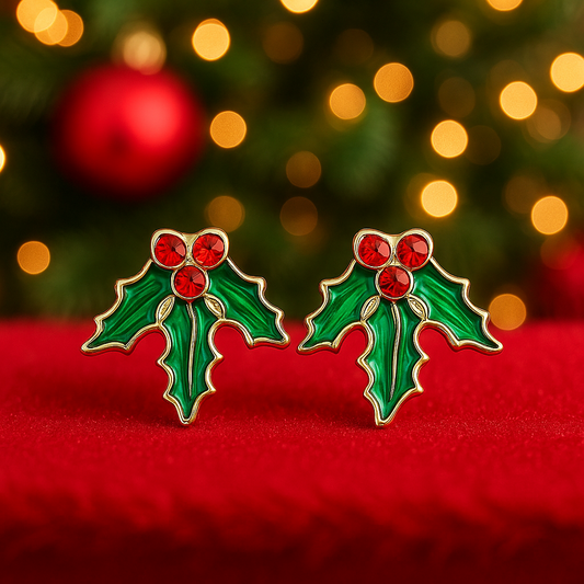 Holly leaf earrings with red centers on a red fabric background with festive lights.