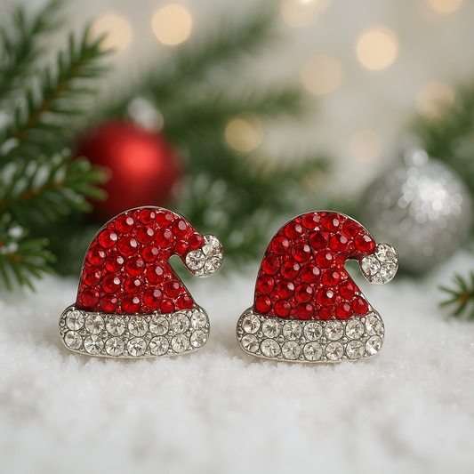 Santa Hat Rhinestone Earrings with rhinestones on a Christmas-themed background