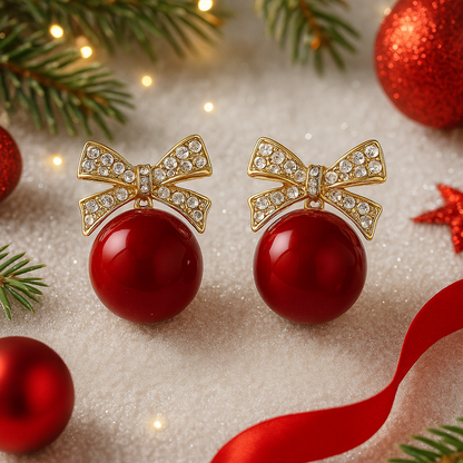 Crimson Ornament Bow Earrings on a festive background with Christmas decorations.
