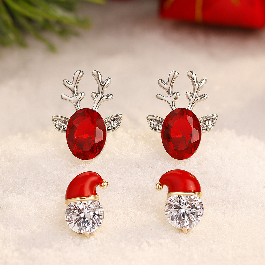 Starlit Santa & Ruby Reindeer Earring Bundle on a soft background.