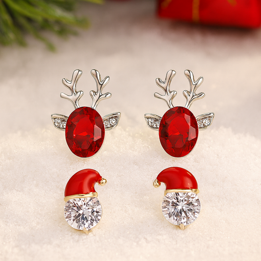 Starlit Santa & Ruby Reindeer Earring Bundle on a soft background.