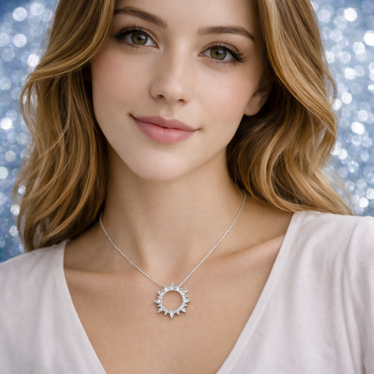 Woman wearing a silver Pavé Sunburst Necklace with a circular pendant against a sparkling background