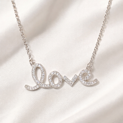 Love Script Rhinestone Necklace on a light background