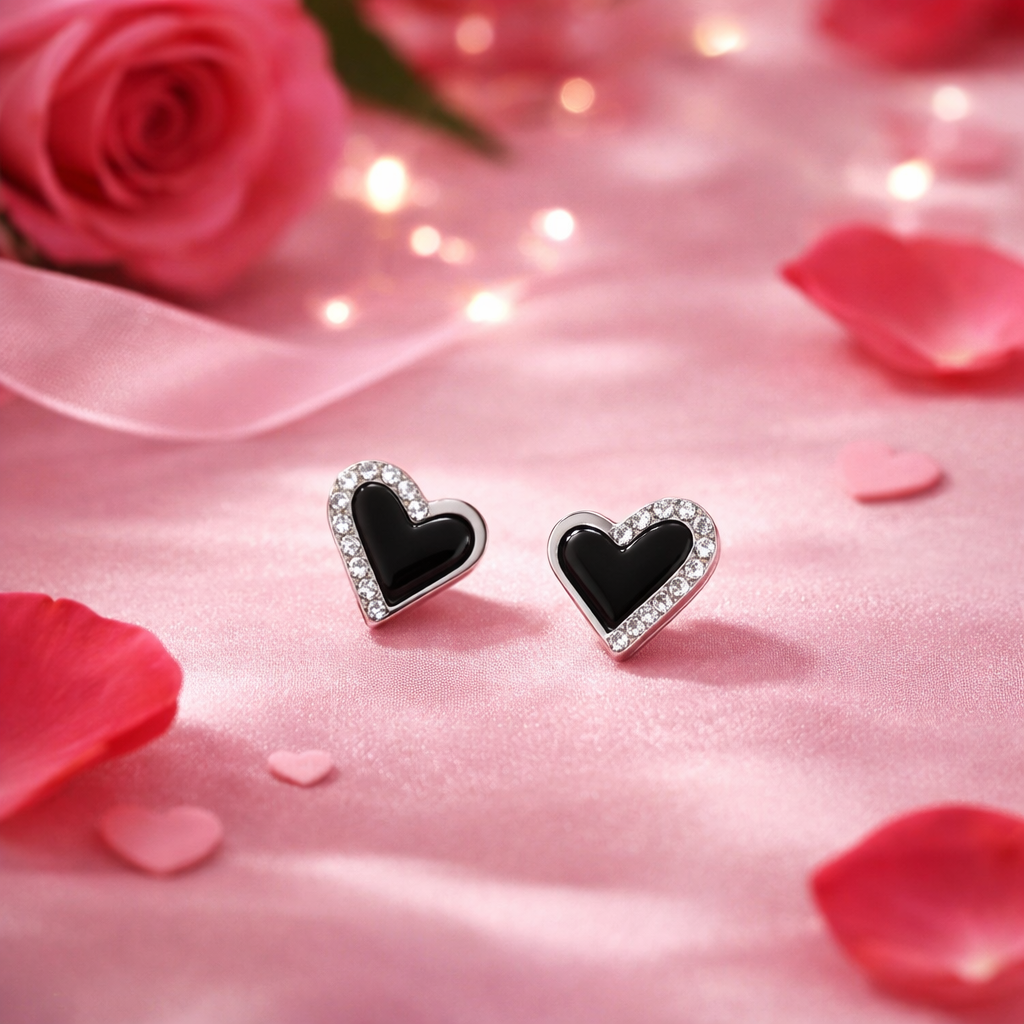 Midnight Black Heart Rhinestone Earrings