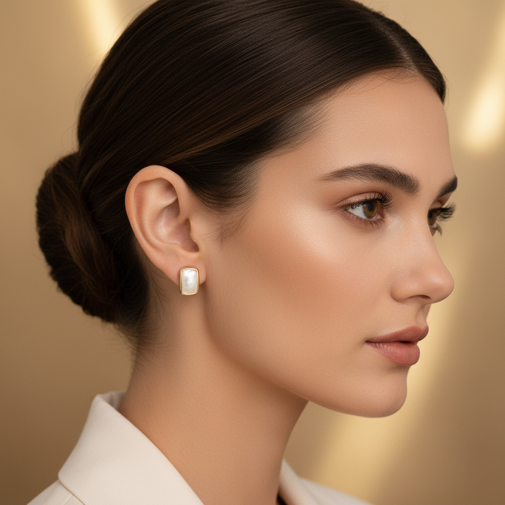 Gold-Trim Mother-of-Pearl Earrings against a beige background