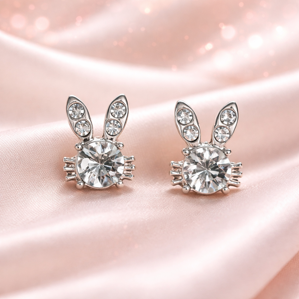 Sweet Bunny Sparkle Earrings with clear gemstones on a pink satin background