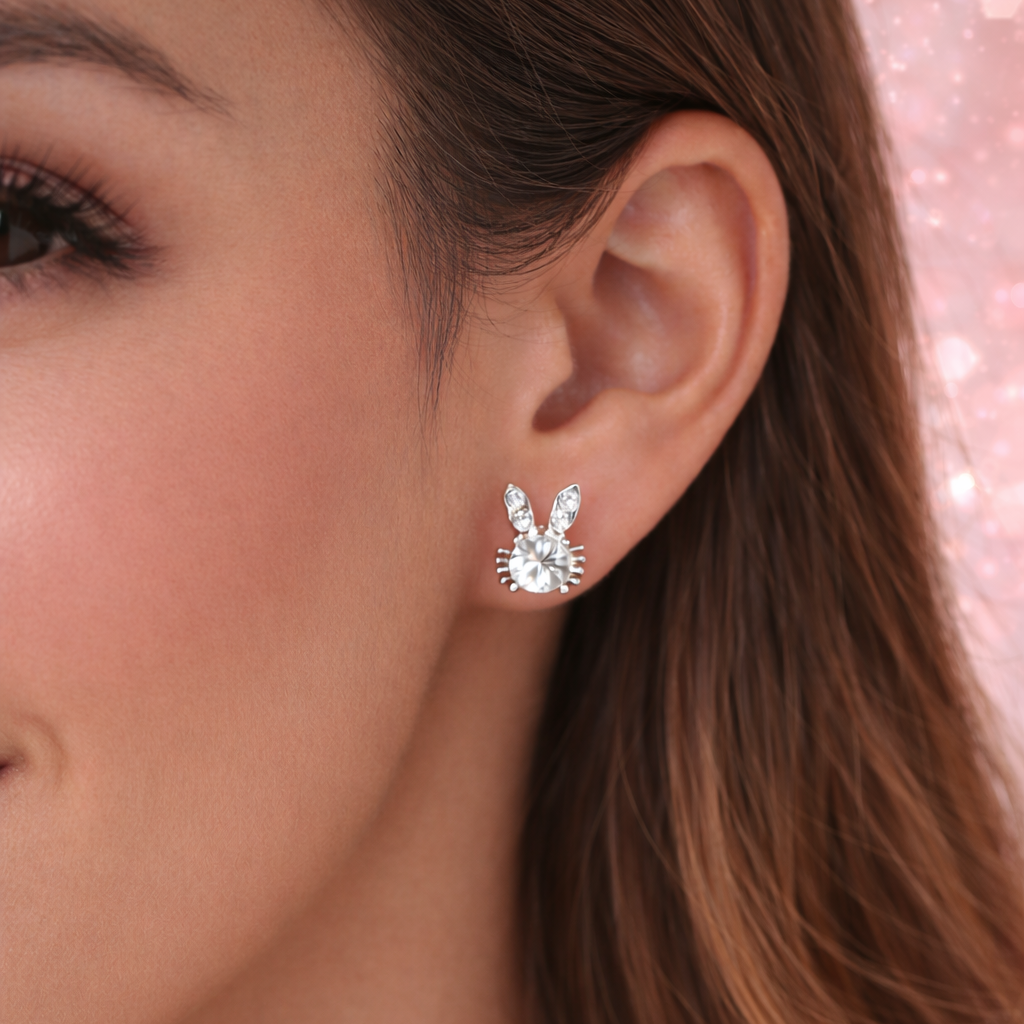 Close-up of a woman's ear wearing a Sweet Bunny Sparkle Earrings with a clear gemstone.