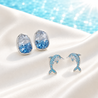 Blue Pavé Dolphin & Glacier Blue Crystal Earring Set
