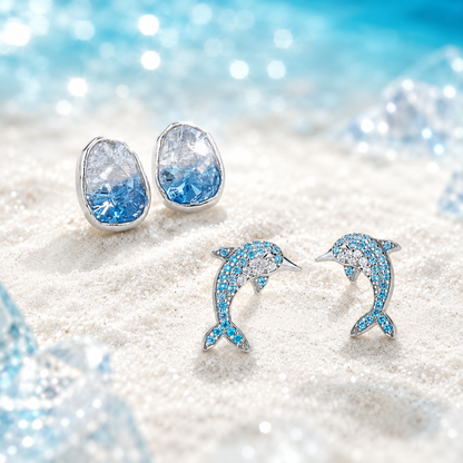Blue Pavé Dolphin & Glacier Blue Crystal Earring Set