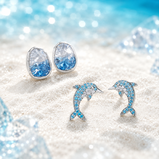Blue Pavé Dolphin & Glacier Blue Crystal Earring Set