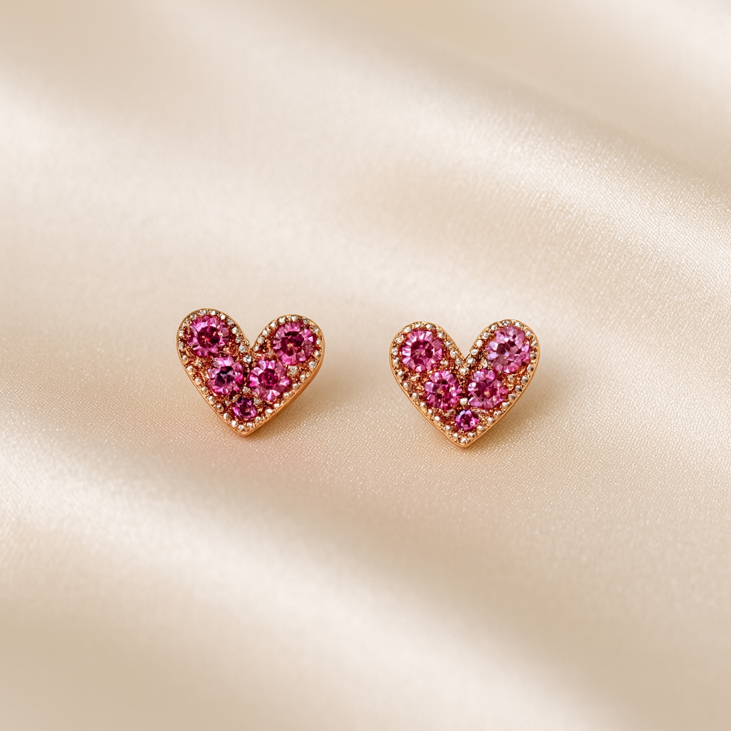 Petite Pink Zircon Heart Earrings with pink gemstones on a beige fabric background