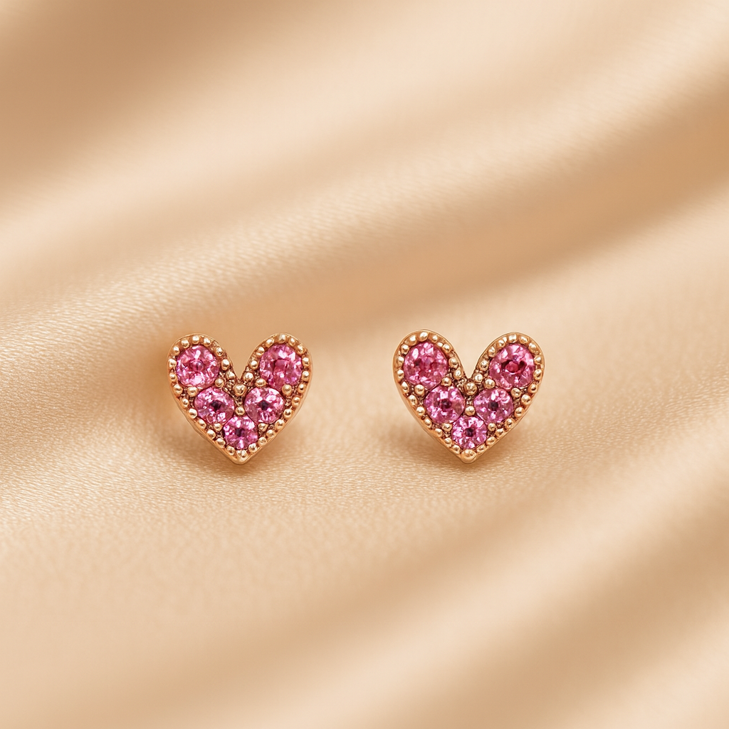 Petite Pink Zircon Heart Earrings with pink gemstones on a beige fabric background