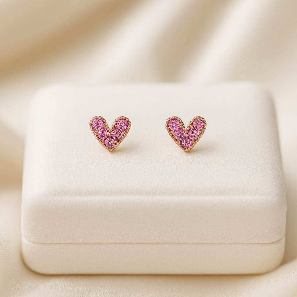 Petite Pink Zircon Heart Earrings on a beige fabric background