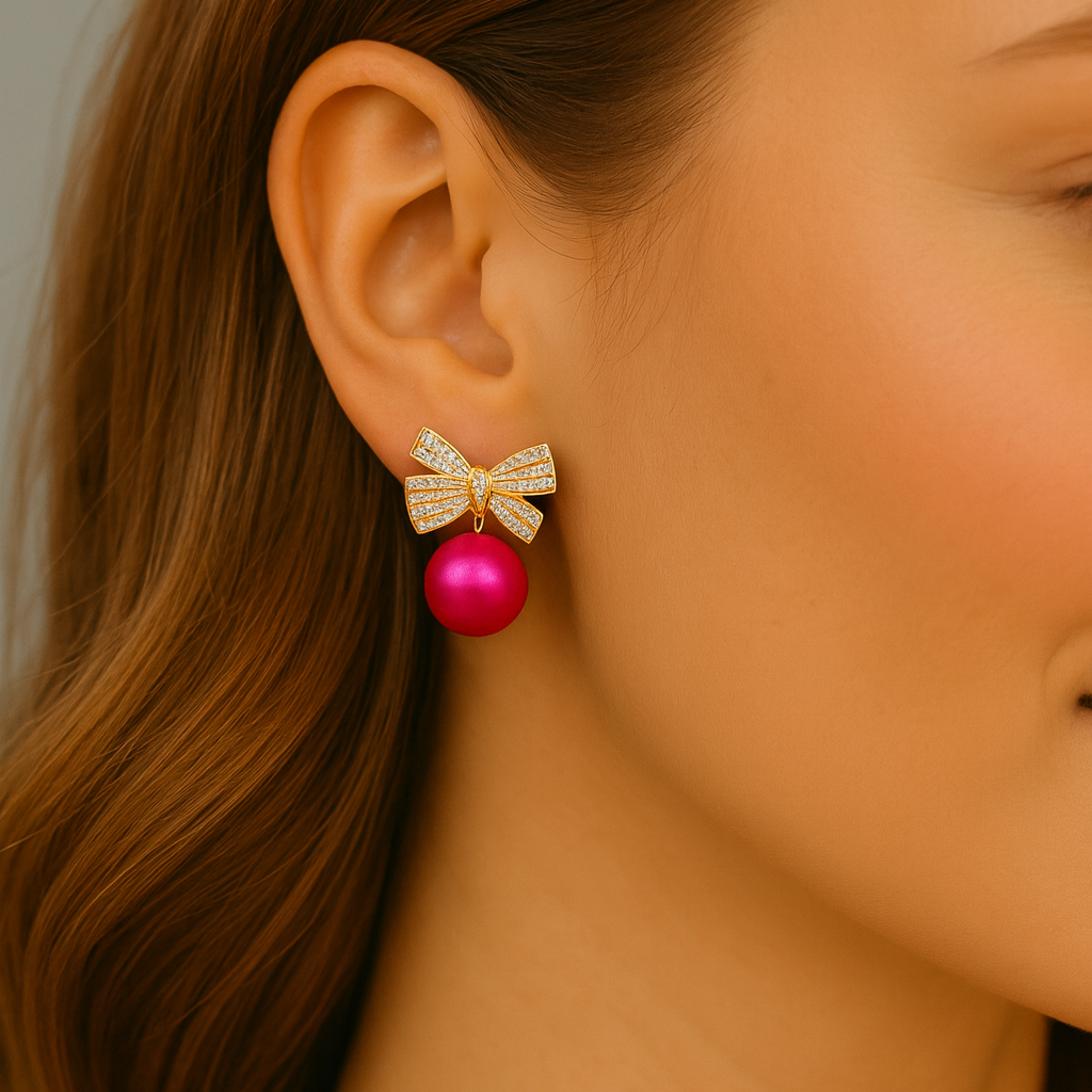Close-up of a woman wearing a Pink Ornament Bow Earring with a pink bead.