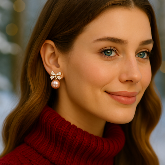 Woman wearing a Peach Ornament Bow Earring and a red turtleneck sweater with a blurred snowy background