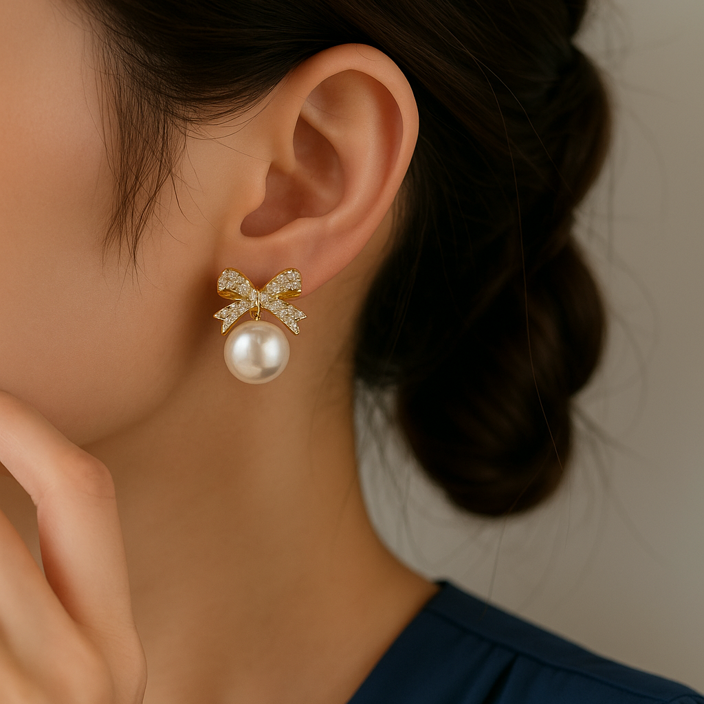 White Ornament Bow Earrings worn by a person with a blurred background