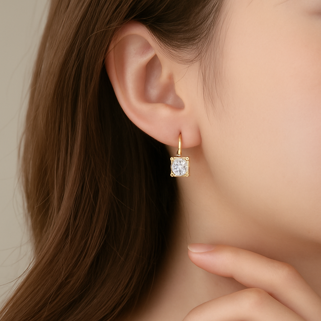 Classic Square Zircon Drop Earrings worn by a woman with long brown hair.