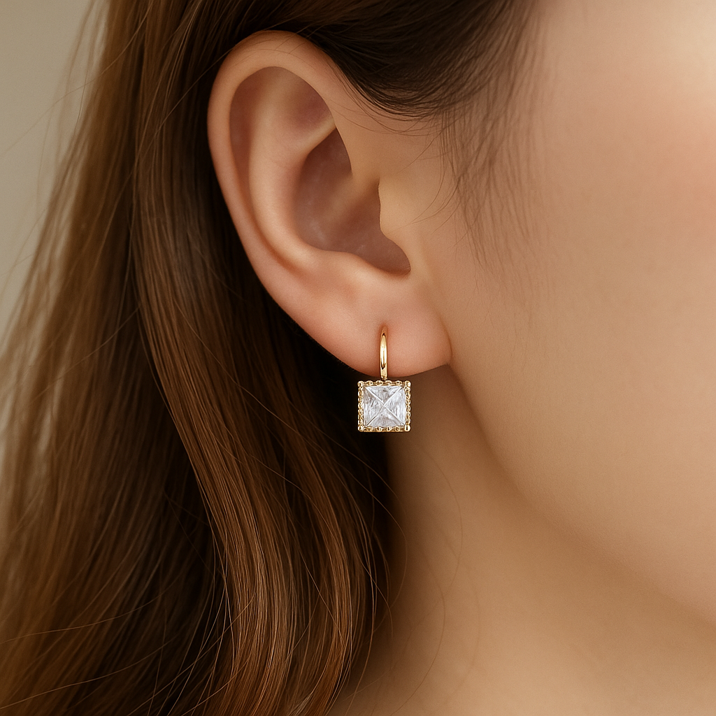 Classic Square Zircon Drop Earrings worn by a woman with brown hair.