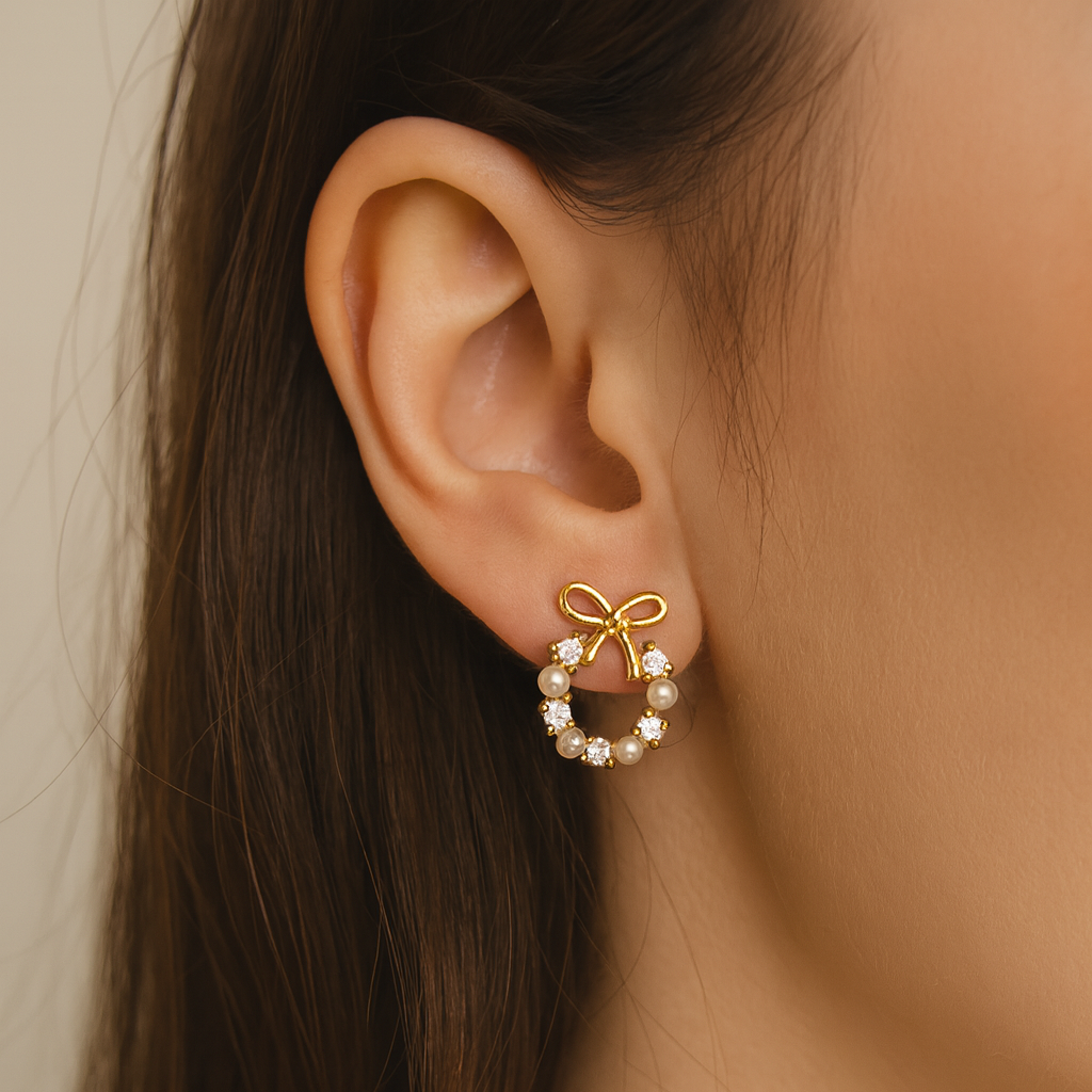 Woman wearing Gold Bow Wreath Earrings