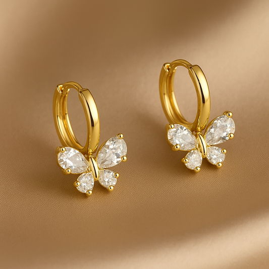 Gold Crystal Butterfly Hoop Earrings