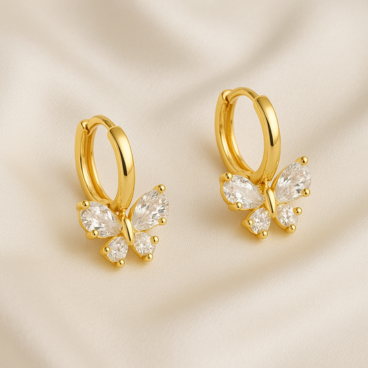 Gold Crystal Butterfly Hoop Earrings