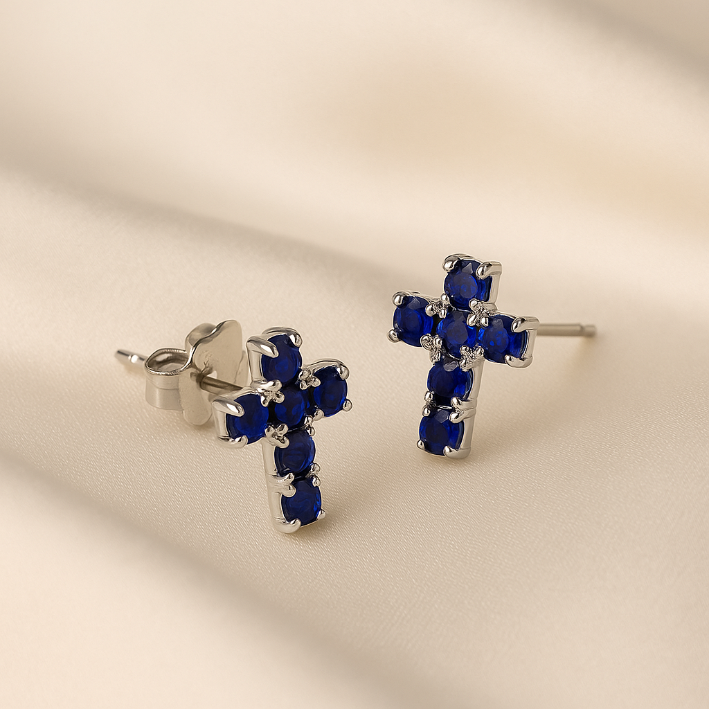 Silver Mini Blue Crystal Cross Earrings