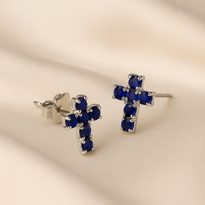 Silver Mini Blue Crystal Cross Earrings
