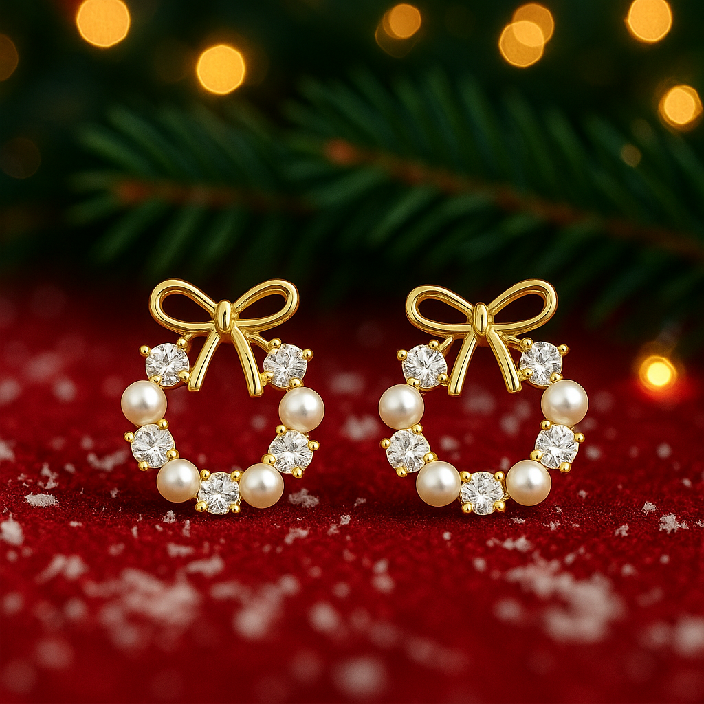 Gold Bow Wreath Earrings on a festive background