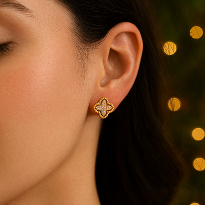 Gold Rhinestone Clover Earrings