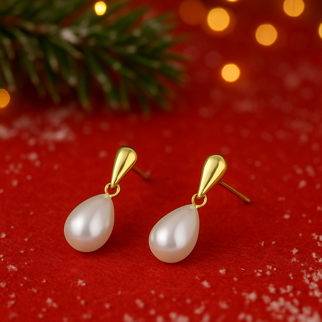 Gold Pearl Teardrop Earrings with gold posts on a red background with Christmas decorations.