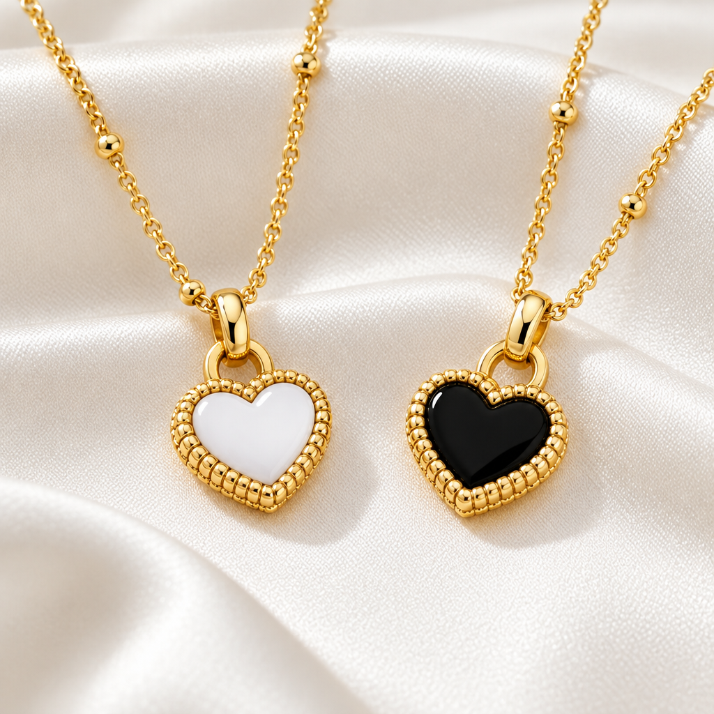 Black & White Reversible Gold Heart Necklace