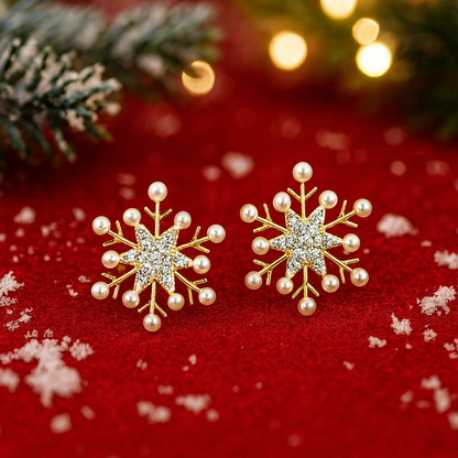 Snowflake Pearl Earrings on a red background with Christmas decorations.