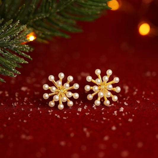 Gold Burst Pearl Earrings on a red surface with Christmas tree and lights in the background