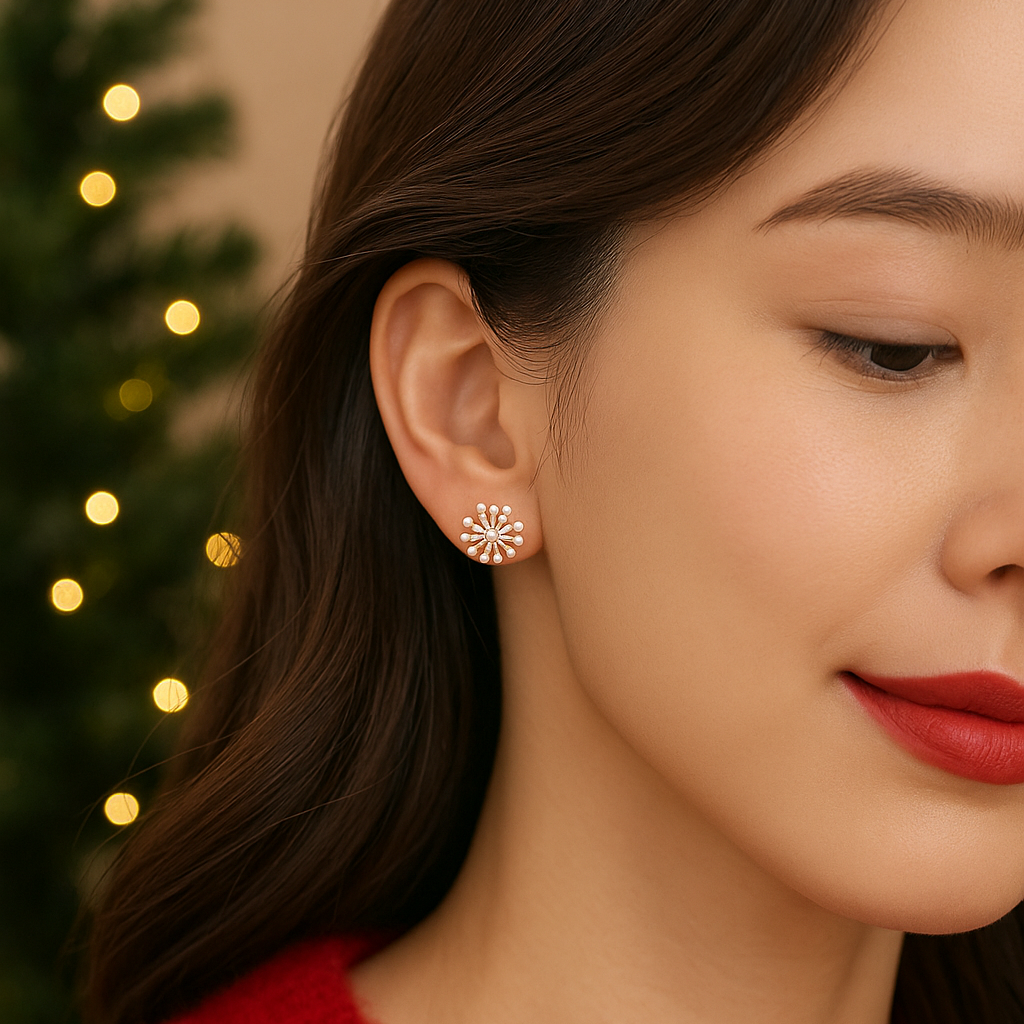 Close-up of a woman wearing Gold Burst Pearl Earrings with a blurred Christmas tree in the background