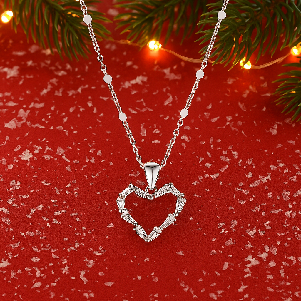 Silver Crystal Heart Necklace on a red background with Christmas decorations