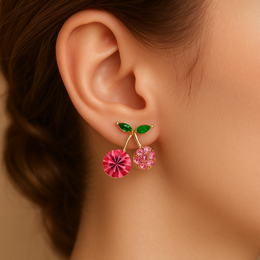 Close-up of a woman Pink Zircon Cherry Earrings