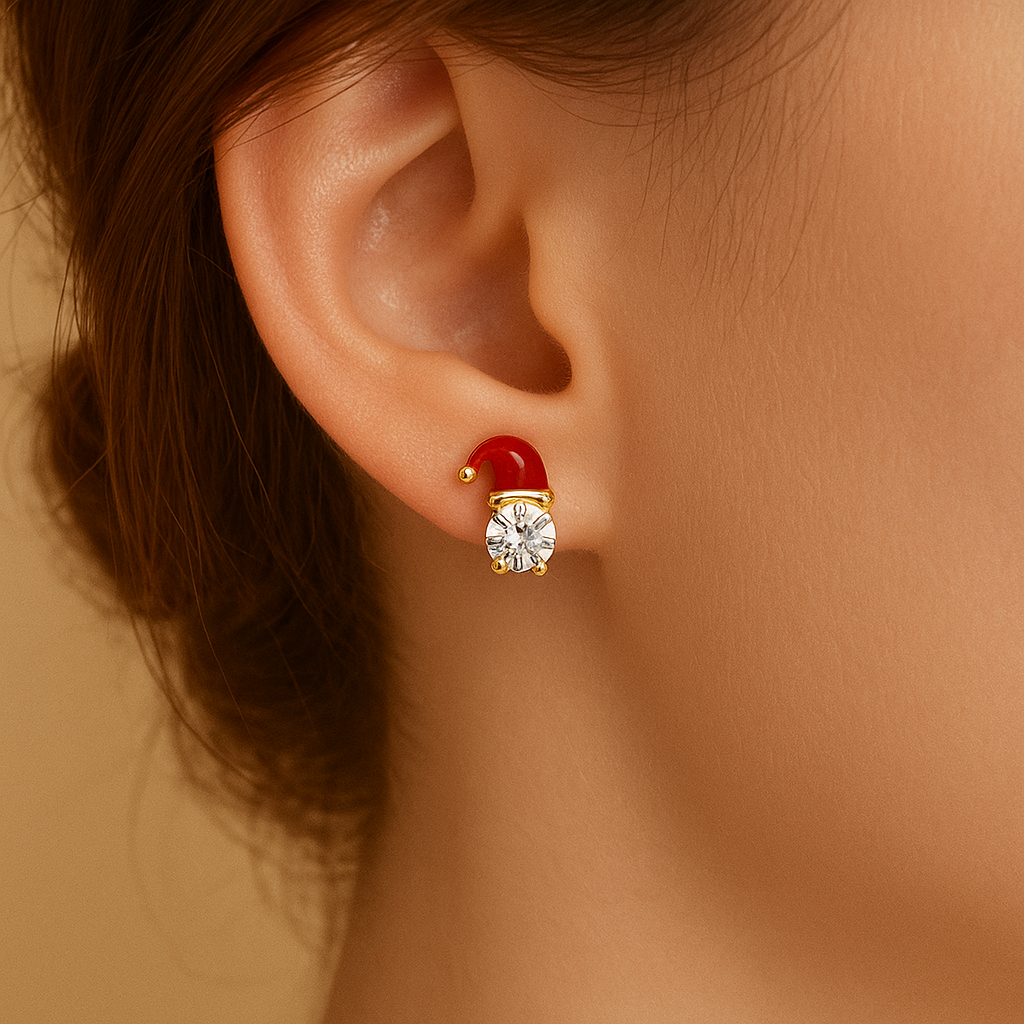 Starlit Santa Earrings worn on a woman