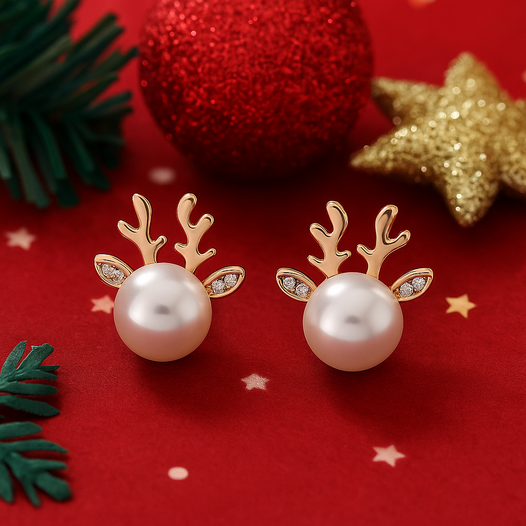 Pair of Snow Pearl Reindeer Earrings with gold antlers on a red background with Christmas decorations.