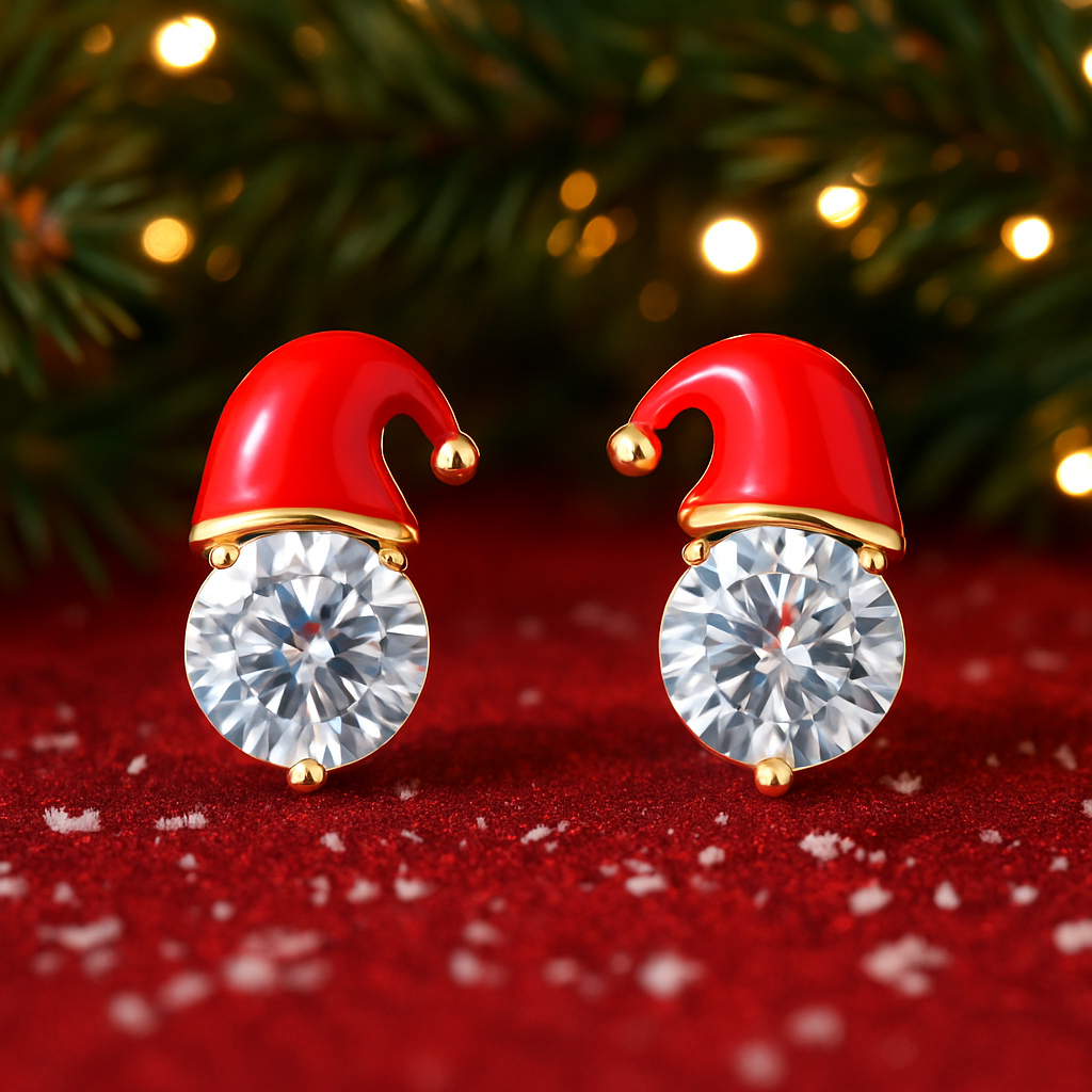 Pair of Starlit Santa Earrings with red hats and clear gemstones on a red fabric background with Christmas tree lights.