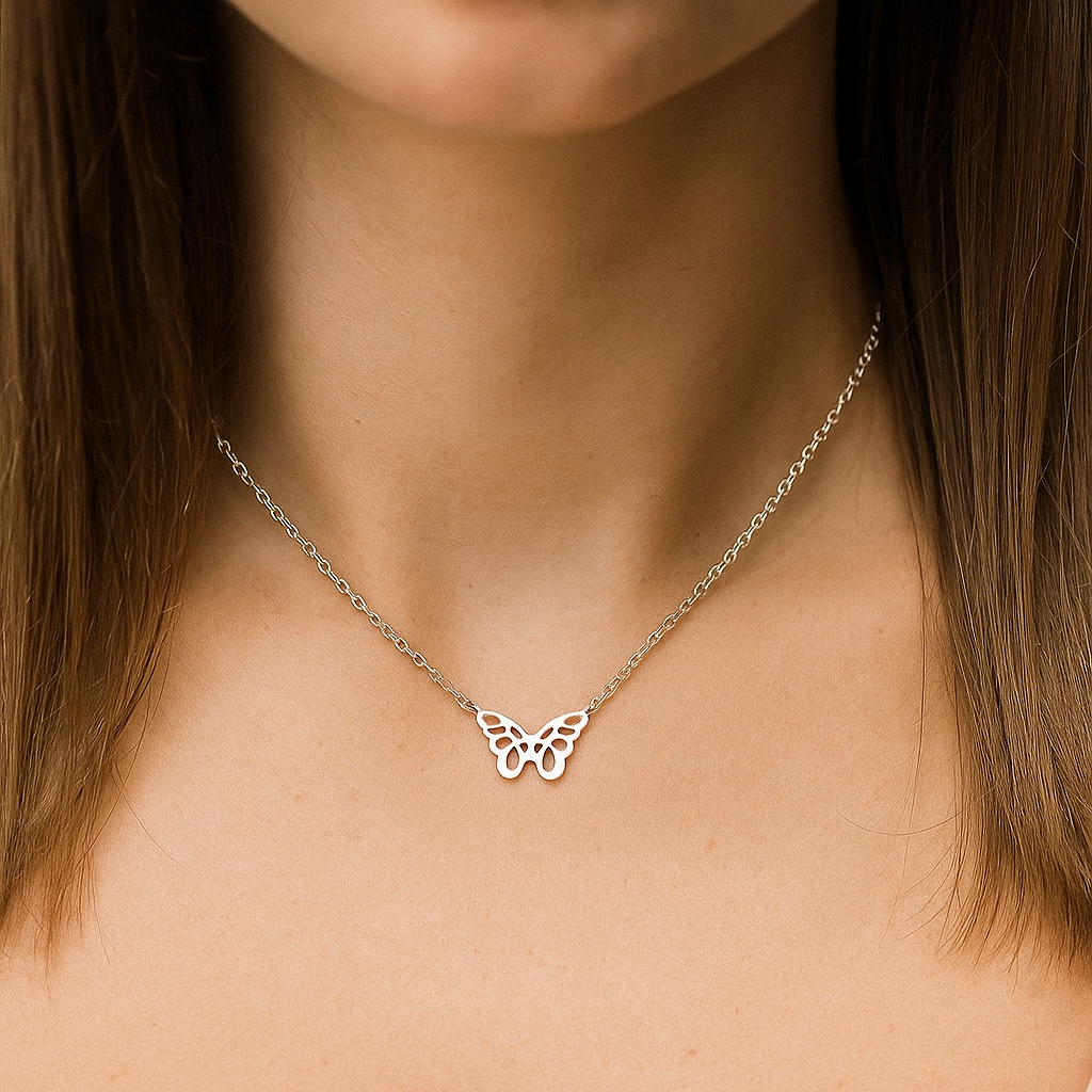 Silver Origami Butterfly Necklace on a person's neck