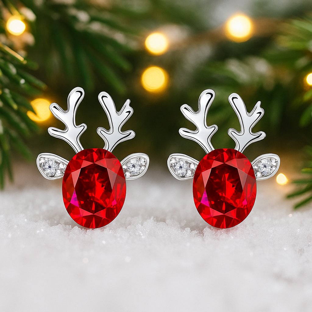 Ruby Reindeer Earrings with red gemstones on a snowy surface with Christmas tree background