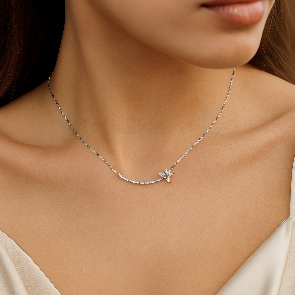 Silver Shooting Star Necklace in S925 sterling silver on a model wearing a white top.