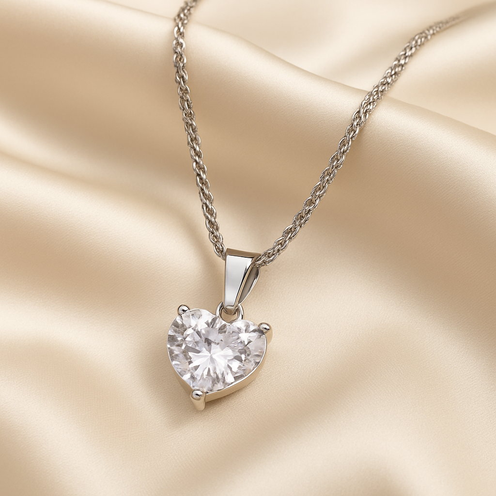 Princess Silver CZ Heart Necklace on a gold chain against a beige fabric background